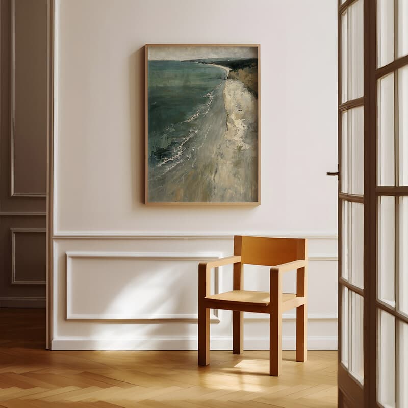 Room view with a full frame of An impressionist oil painting, beach meets the ocean, aerial view