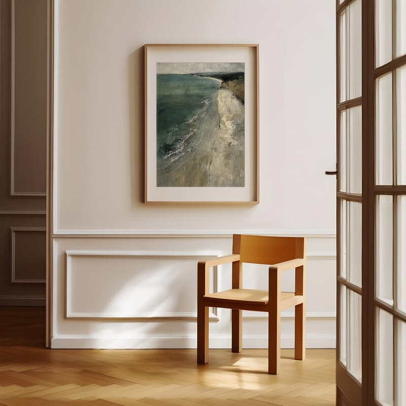 Room view with a matted frame of An impressionist oil painting, beach meets the ocean, aerial view