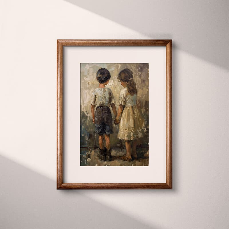 Matted frame view of A vintage oil painting, children holding hands, back view