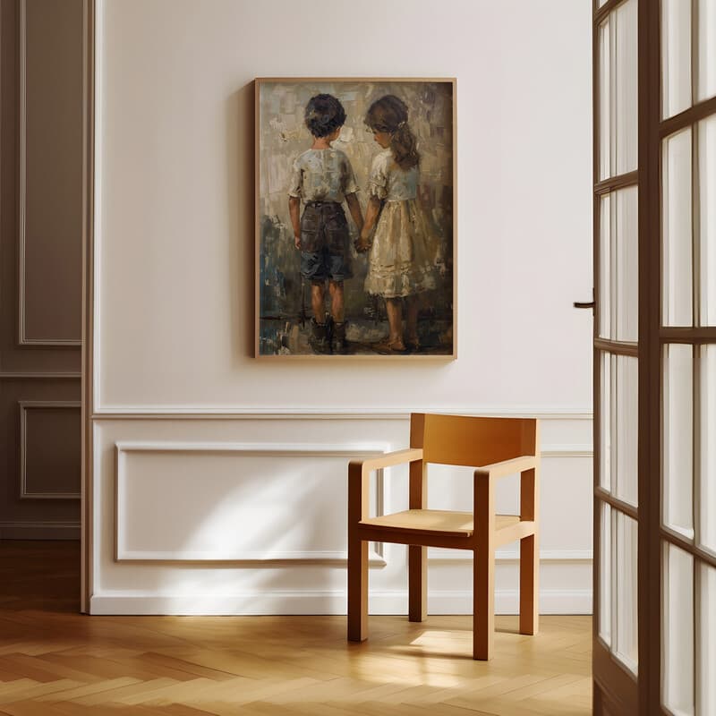 Room view with a full frame of A vintage oil painting, children holding hands, back view