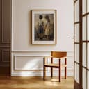 Room view with a matted frame of A vintage oil painting, children holding hands, back view