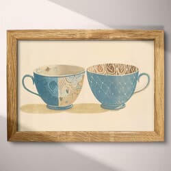 Tea Cups Art | Still Life Wall Art | Food & Drink Print | Beige, Black, Gray and Brown Decor | Vintage Wall Decor | Kitchen & Dining Digital Download | Housewarming Art | Mother's Day Wall Art | Autumn Print | Pastel Pencil Illustration