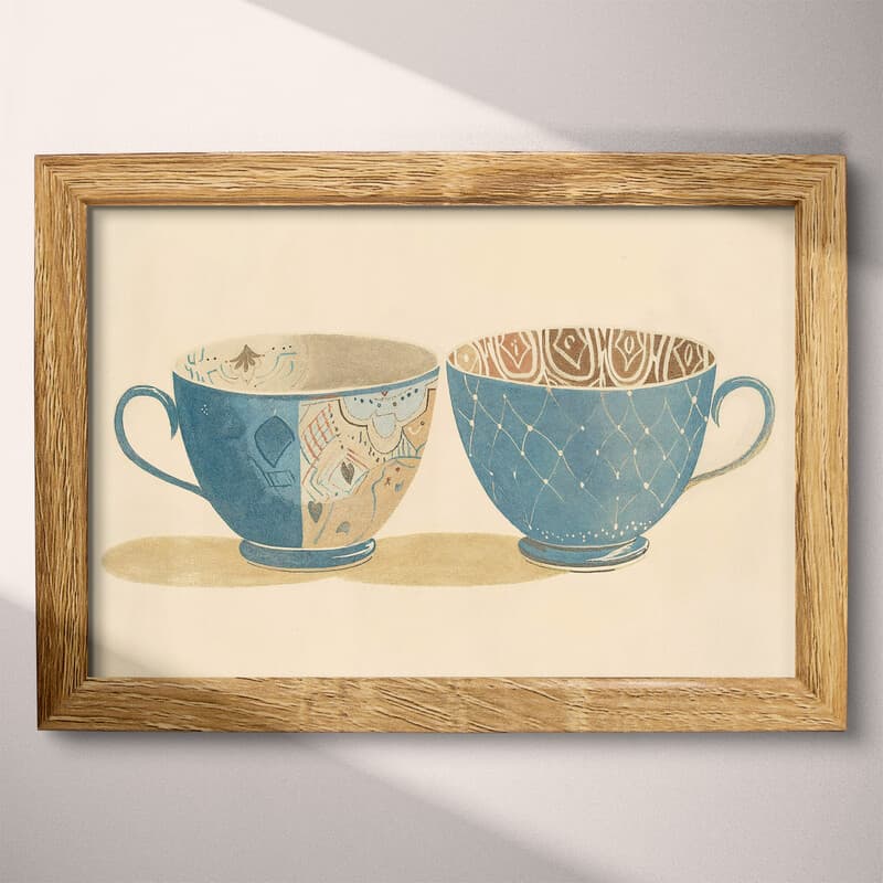 Full frame view of A vintage pastel pencil illustration, tea cups with patterns