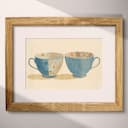 Matted frame view of A vintage pastel pencil illustration, tea cups with patterns