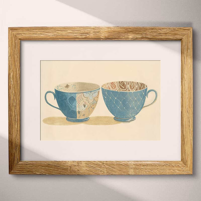 Matted frame view of A vintage pastel pencil illustration, tea cups with patterns