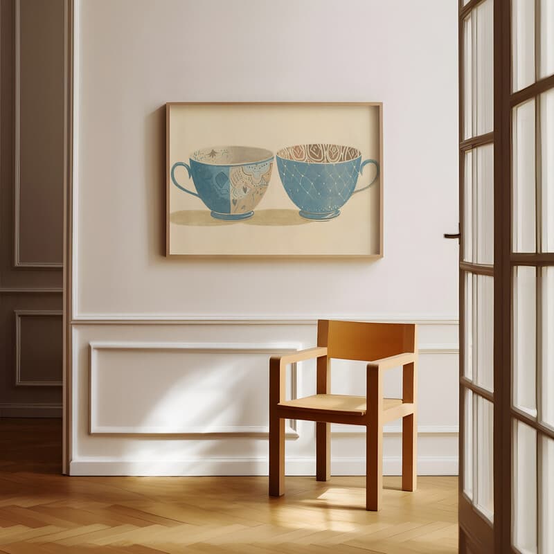 Room view with a full frame of A vintage pastel pencil illustration, tea cups with patterns