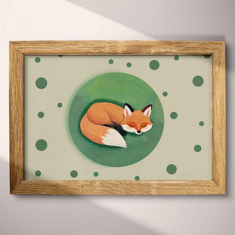 Full frame view of A cute simple illustration with simple shapes, a fox laying in the shape of a circle, overhead view