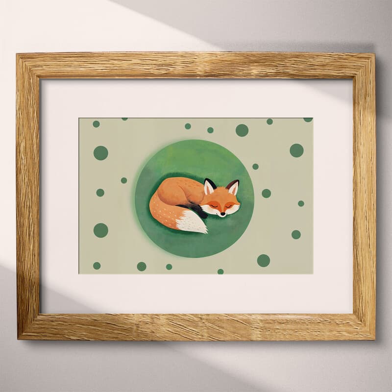 Matted frame view of A cute simple illustration with simple shapes, a fox laying in the shape of a circle, overhead view