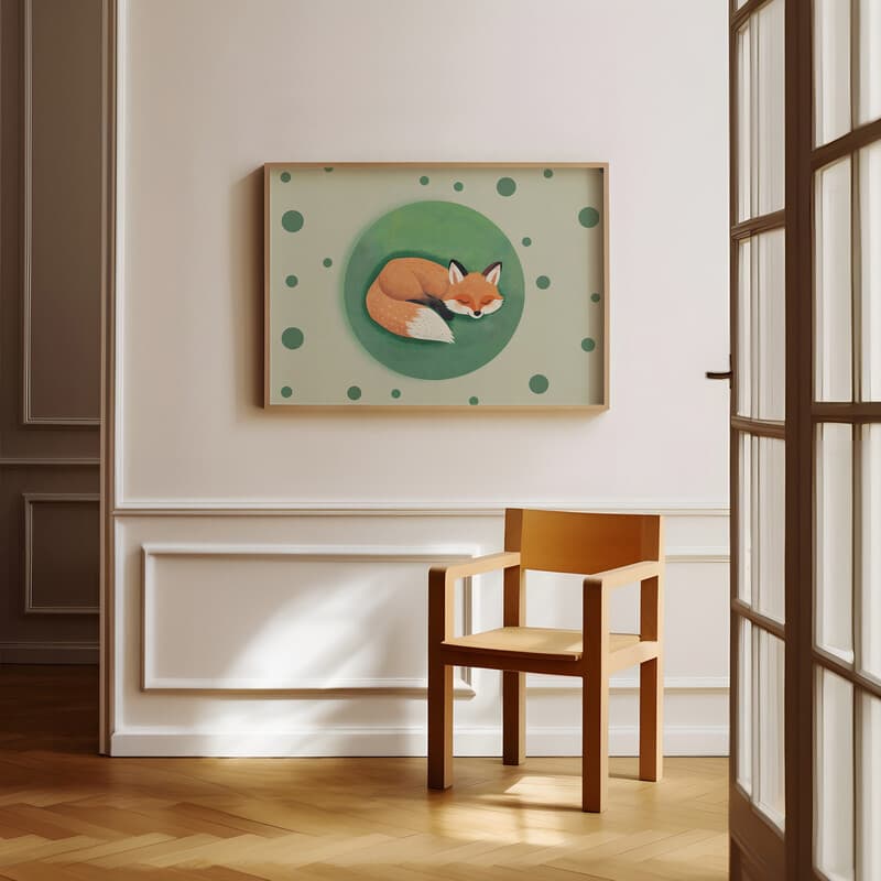 Room view with a full frame of A cute simple illustration with simple shapes, a fox laying in the shape of a circle, overhead view