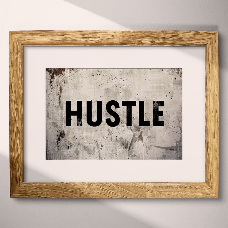 Matted frame view of A minimalist poster print, the word "HUSTLE"