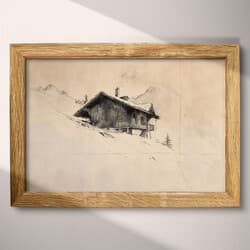 Mountainside Cabin Digital Download | Landscape Wall Decor | Landscapes Decor | Beige, Black and Brown Print | Vintage Wall Art | Living Room Art | Housewarming Digital Download | Thanksgiving Wall Decor | Autumn Decor | Graphite Sketch