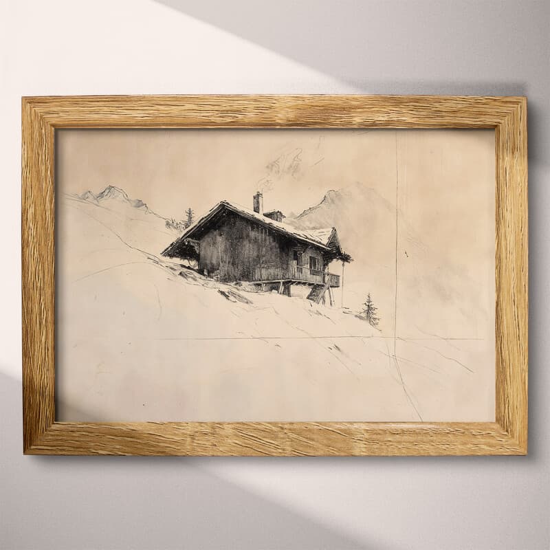 Full frame view of A vintage graphite sketch, a mountainside cabin