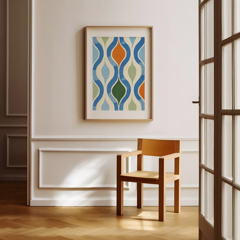 Room view with a matted frame of A retro textile print, simple pattern