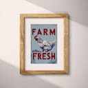 Matted frame view of A vintage linocut print, the words "FARM FRESH" with a chicken