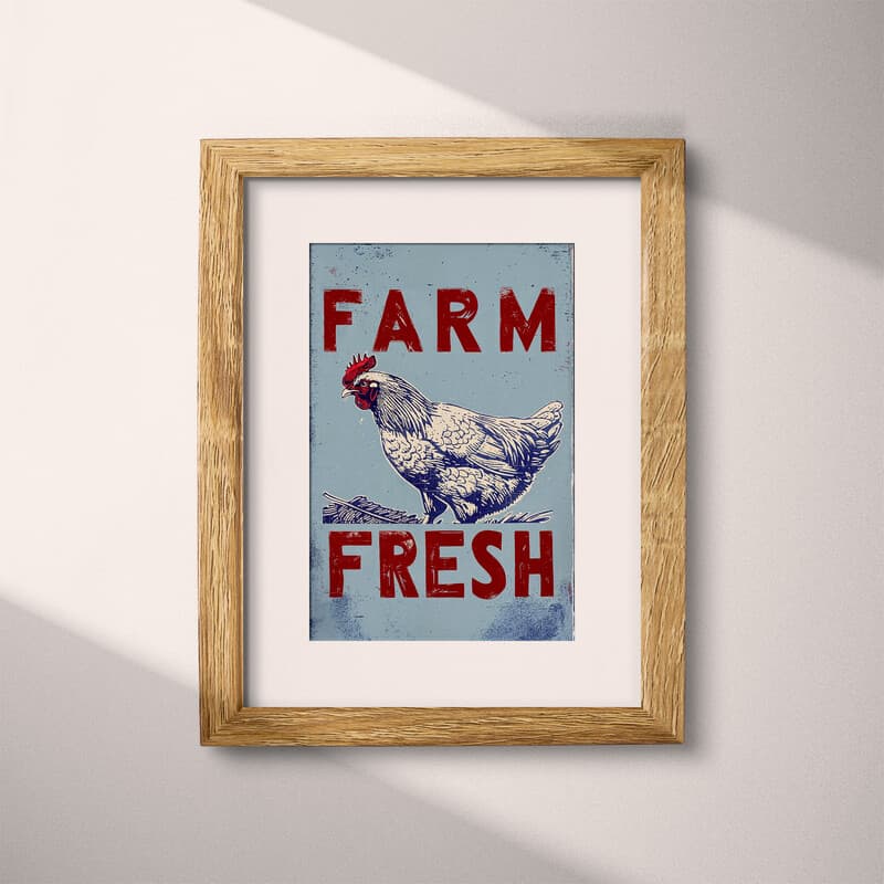 Matted frame view of A vintage linocut print, the words "FARM FRESH" with a chicken