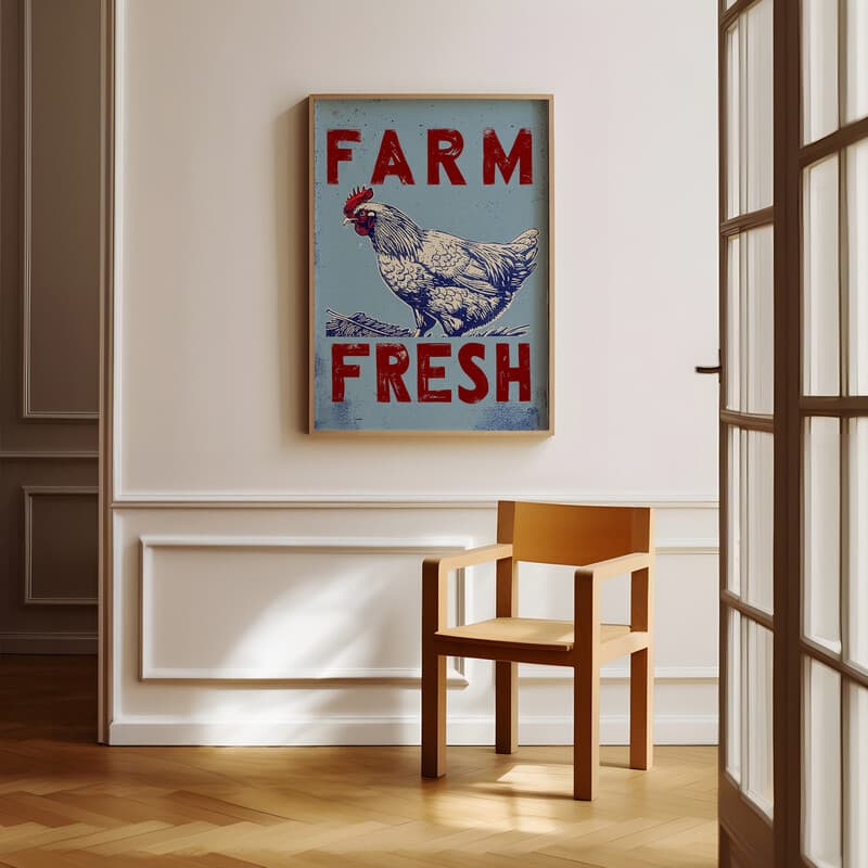 Room view with a full frame of A vintage linocut print, the words "FARM FRESH" with a chicken