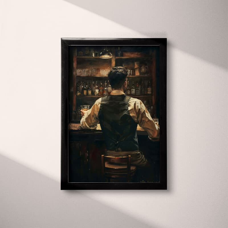 Full frame view of A vintage oil painting, man at a bar with a glass of whisky, back view