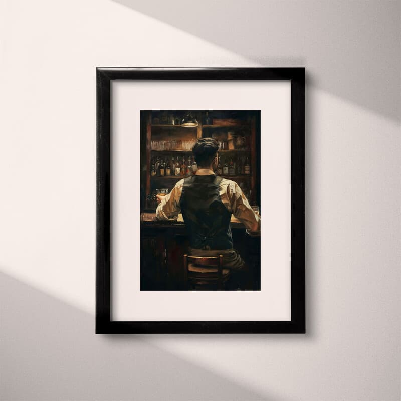 Matted frame view of A vintage oil painting, man at a bar with a glass of whisky, back view