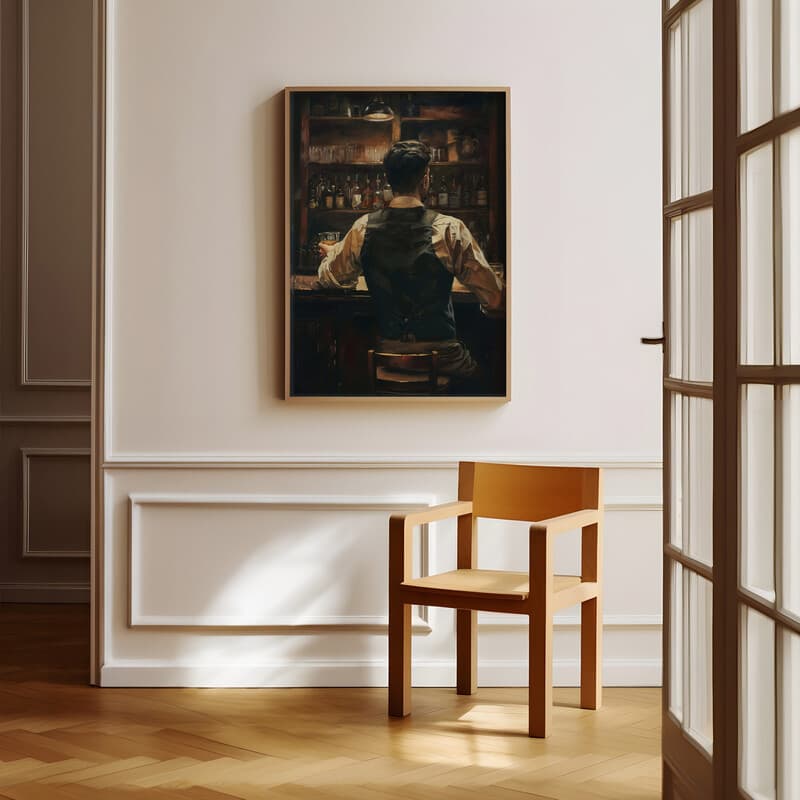 Room view with a full frame of A vintage oil painting, man at a bar with a glass of whisky, back view