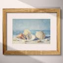 Matted frame view of A vintage pastel pencil illustration, seashells on a beach