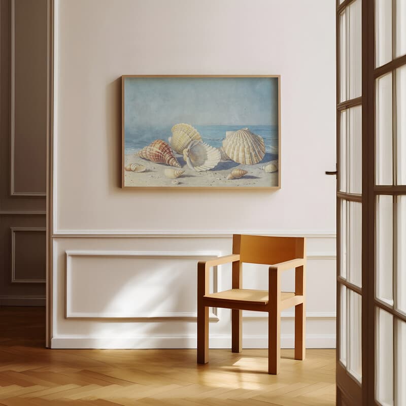 Room view with a full frame of A vintage pastel pencil illustration, seashells on a beach