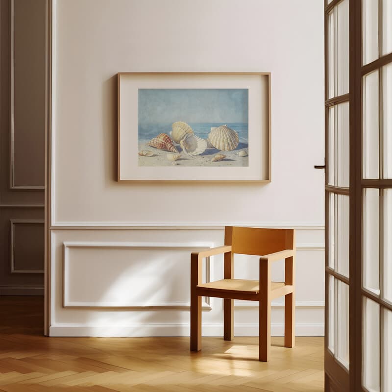 Room view with a matted frame of A vintage pastel pencil illustration, seashells on a beach