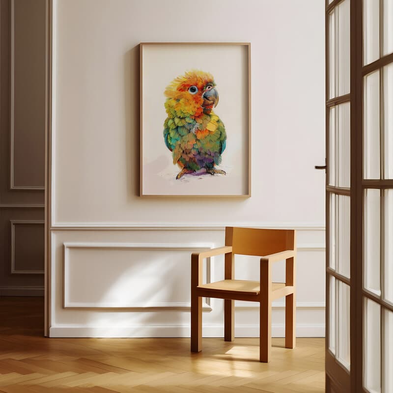 Room view with a full frame of A cute chibi anime colored pencil illustration, a colorful parrot