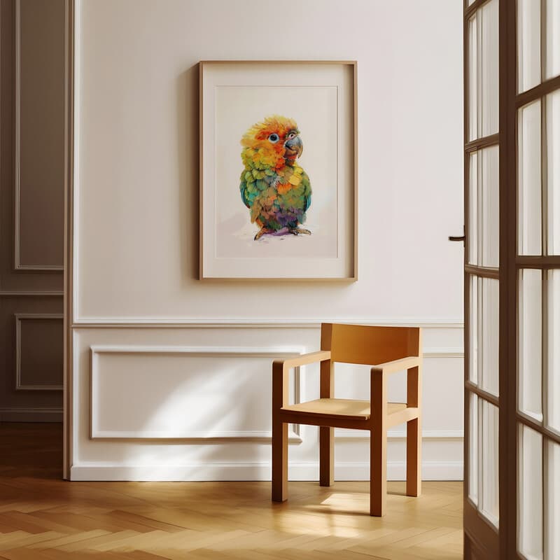 Room view with a matted frame of A cute chibi anime colored pencil illustration, a colorful parrot