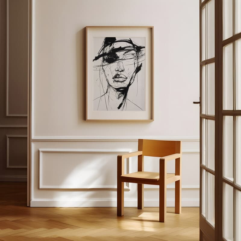 Room view with a matted frame of A vintage ink sketch, fashion mask portrait