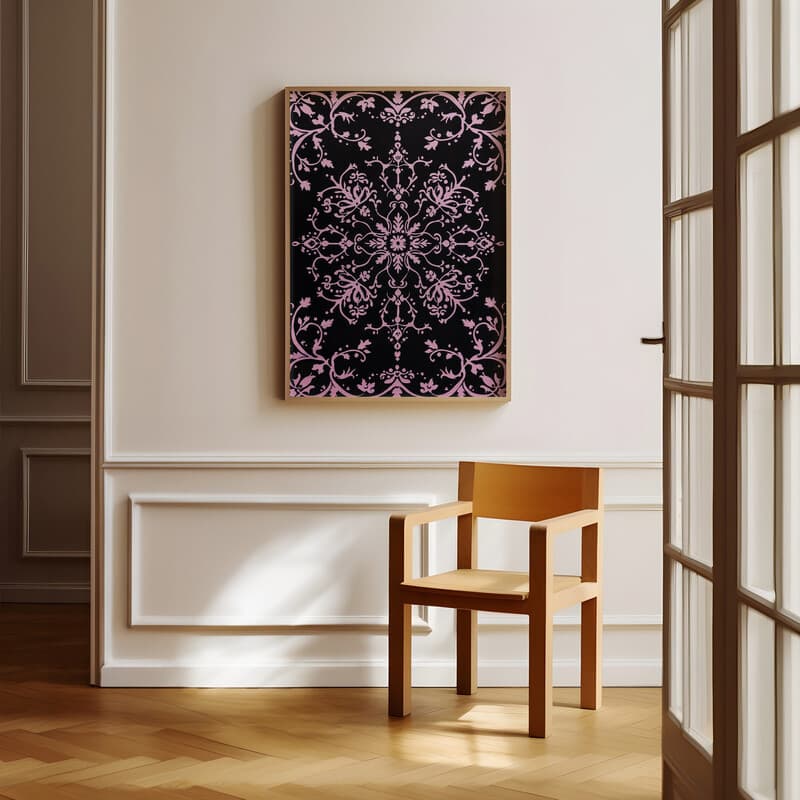 Room view with a full frame of A maximalist textile print, symmetric intricate pattern