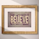 Matted frame view of A vintage linocut print, the word "BELIEVE"