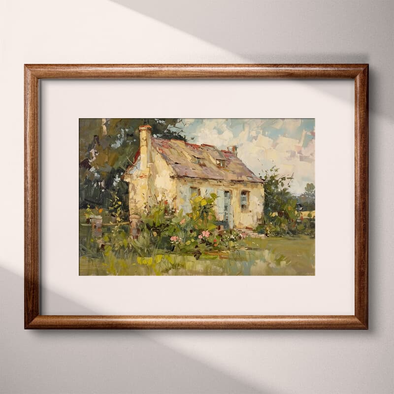 Matted frame view of A french country oil painting, a summer cottage