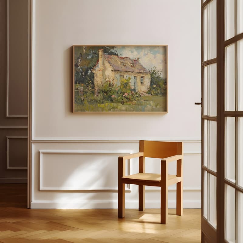 Room view with a full frame of A french country oil painting, a summer cottage