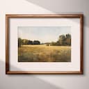 Matted frame view of An impressionist oil painting, open field, fruit trees in the distance