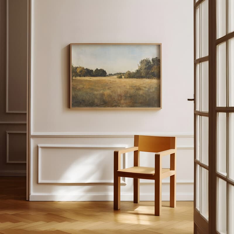 Room view with a full frame of An impressionist oil painting, open field, fruit trees in the distance