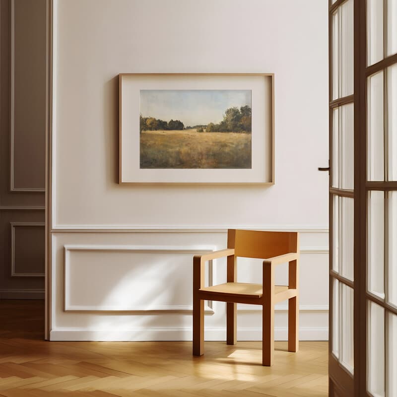 Room view with a matted frame of An impressionist oil painting, open field, fruit trees in the distance