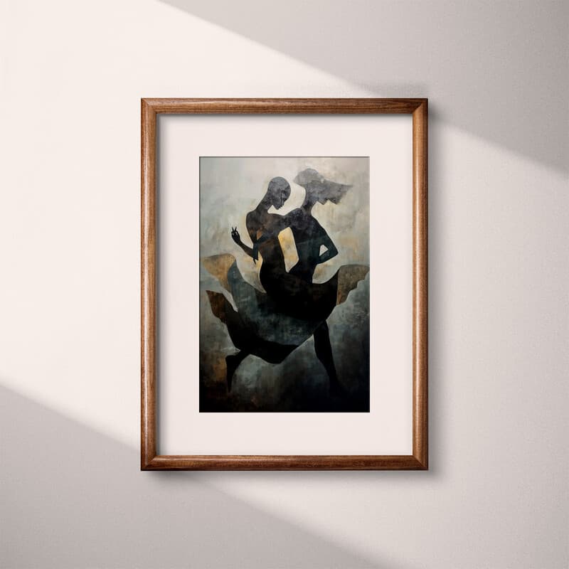 Matted frame view of An abstract afrofuturism oil painting, a man and people dancing