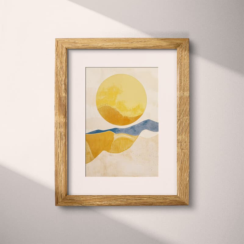 Matted frame view of An abstract contemporary linocut print, sunrise over hills