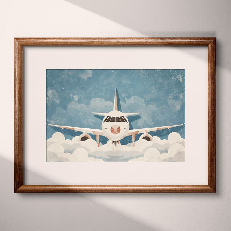 Matted frame view of A cute simple illustration with simple shapes, an airplane in the clouds