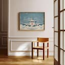 Room view with a full frame of A cute simple illustration with simple shapes, an airplane in the clouds