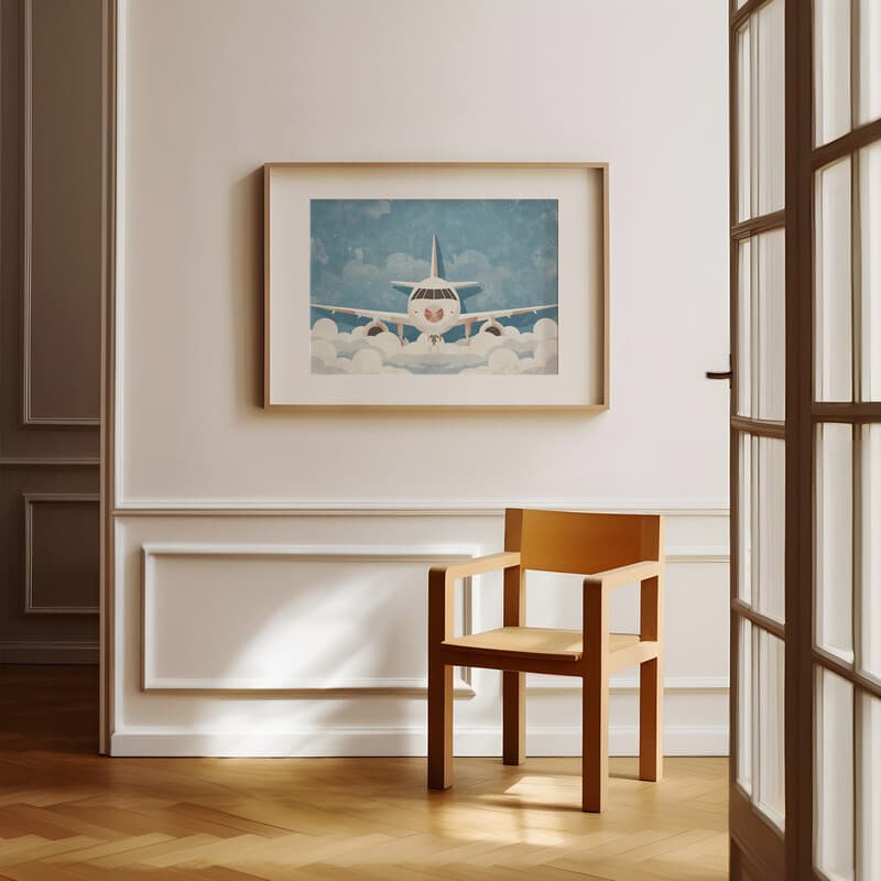 Room view with a matted frame of A cute simple illustration with simple shapes, an airplane in the clouds