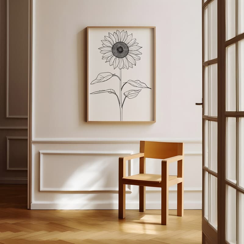 Room view with a full frame of A minimalist ink sketch, a sunflower