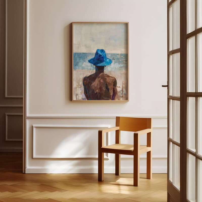 Room view with a full frame of A puerto rican oil painting, a man in a blue hat, distant view