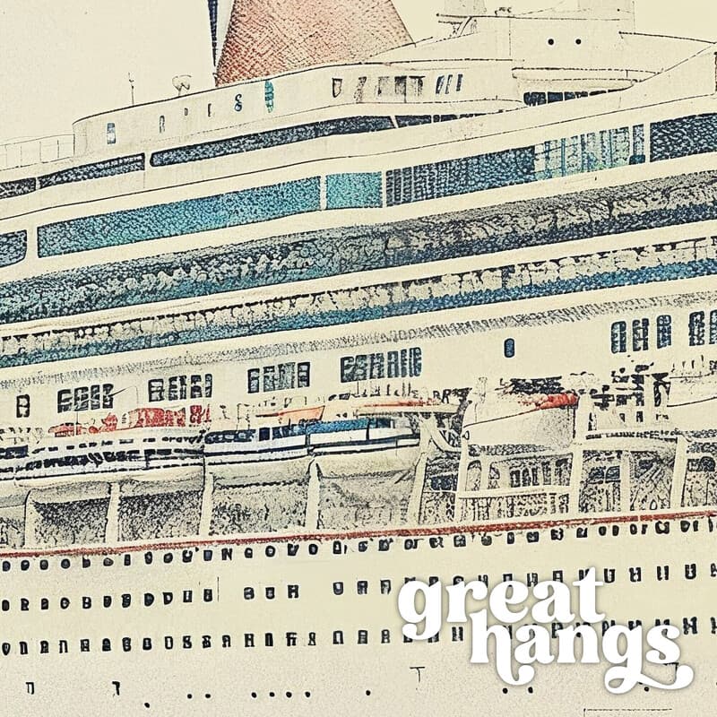 Closeup view of A scandinavian colored pencil illustration, a cruise ship