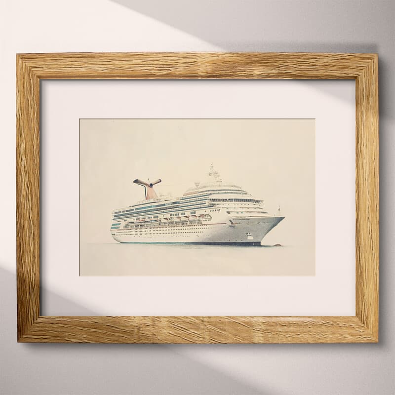 Matted frame view of A scandinavian colored pencil illustration, a cruise ship