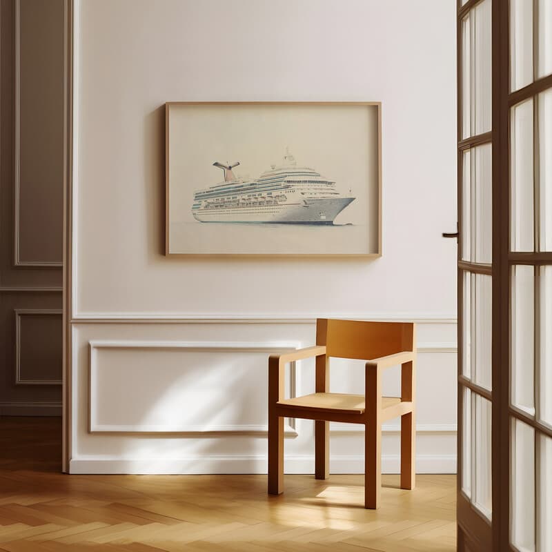 Room view with a full frame of A scandinavian colored pencil illustration, a cruise ship