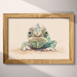 Chameleon Digital Download | Animals Wall Decor | Animals Decor | White, Brown, Black, Gray and Blue Print | Chibi Wall Art | Kids Art | Back To School Digital Download | Spring Wall Decor | Pastel Pencil Illustration