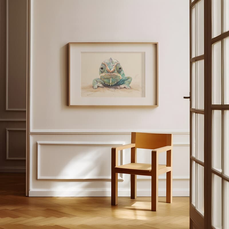 Room view with a matted frame of A cute chibi anime pastel pencil illustration, a chameleon