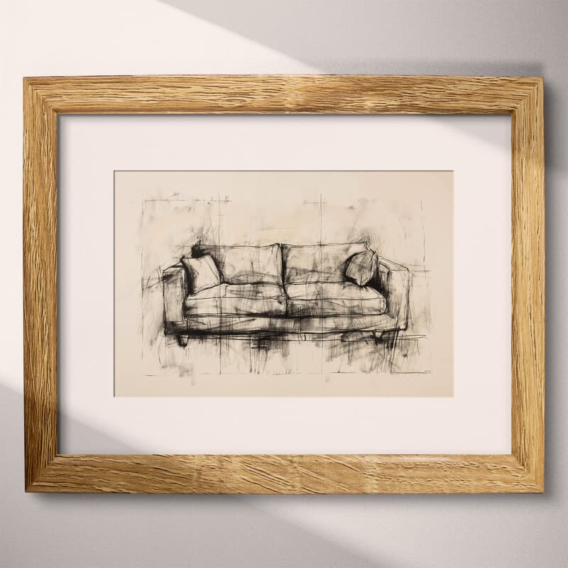 Matted frame view of A scandinavian graphite sketch, a sofa