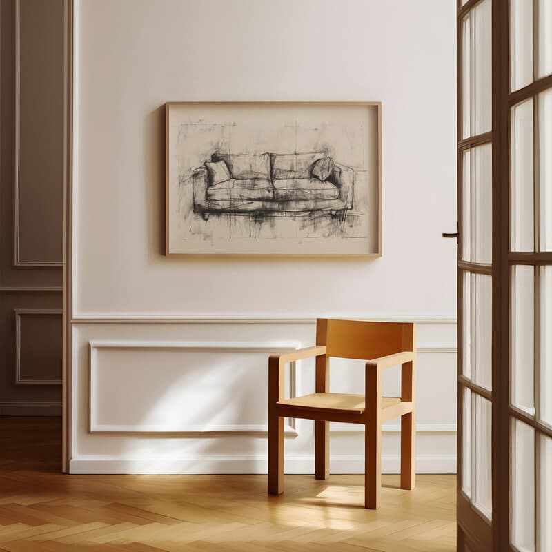 Room view with a full frame of A scandinavian graphite sketch, a sofa